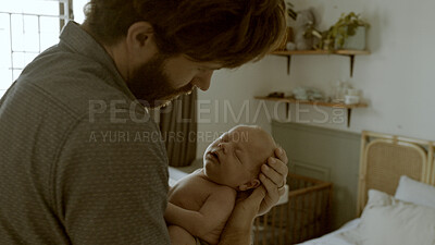 Buy stock photo Parent, newborn and father with baby as love, care or bonding in a home as affection together. Sleeping, support and mom relax in bedroom with kid as family in house for childcare and comfort