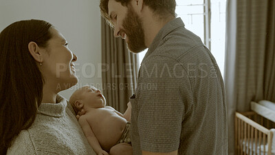 Buy stock photo Couple, newborn and parents love baby as support, care or bonding in a home as fun, affection or childcare together. Happiness, dad and mother relax in bedroom with infant kid as family in house