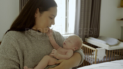 Buy stock photo Parent, newborn and mother with child as love, care or bonding in a home as affection together. Sleeping, support and mom relax in bedroom with kid as family in house for childcare and comfort