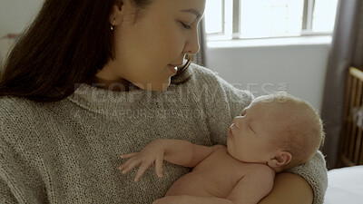 Buy stock photo Parent, newborn and mom with baby as care, love or bonding in a home as affection together. Sleeping, support and mother relax in bedroom with kid as family in house for childcare and comfort