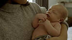 Hands, newborn and parent with sleeping baby as care, love or bonding in a home as affection together. Infant, support and mom relax in bedroom with kid as family in house for childcare and comfort