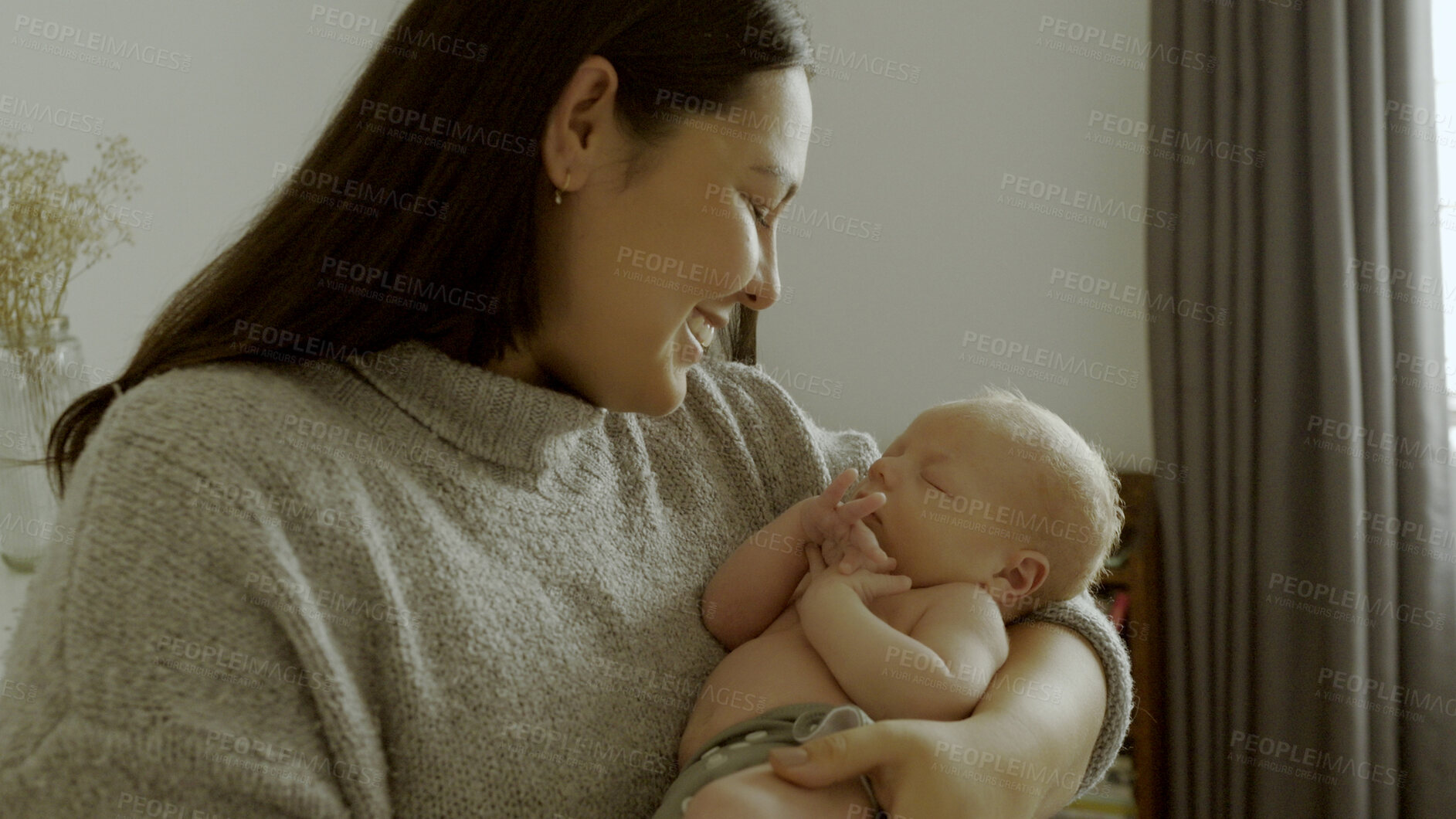 Buy stock photo Care, family and mom bonding with her newborn for nap time in a modern nursery room at home. Smile, love and happy young mother holding her sleeping infant, baby or child with happiness in bedroom.