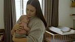 Sleep, newborn and mom with baby as love, care or bonding in a home as affection together with infant. Woman, support and mother relax in bedroom with kid as family in house for childcare and comfort
