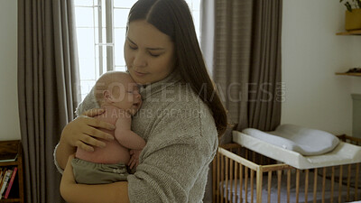 Buy stock photo Sleep, newborn and mom with baby as love, care or bonding in a home as affection together with infant. Woman, support and mother relax in bedroom with kid as family in house for childcare and comfort