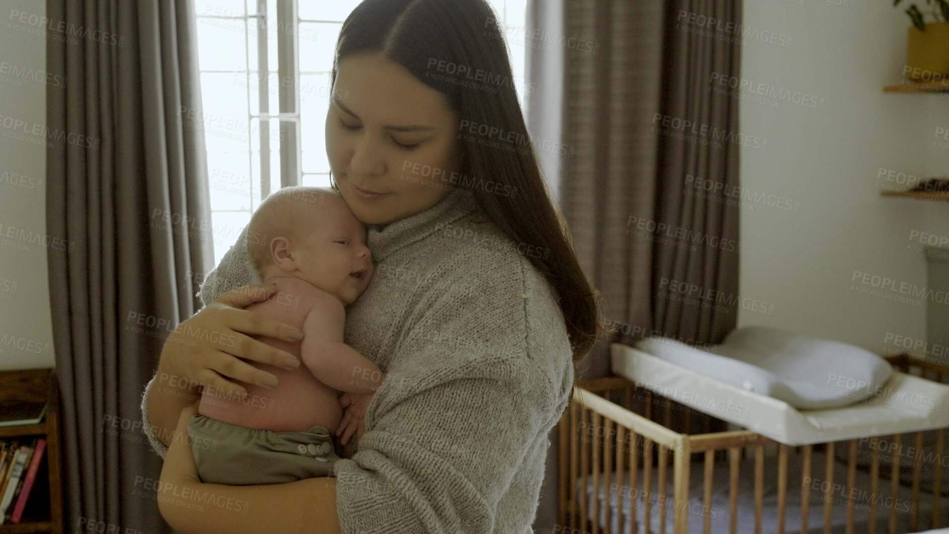 Buy stock photo Sleep, newborn and mom with baby as love, care or bonding in a home as affection together with infant. Woman, support and mother relax in bedroom with kid as family in house for childcare and comfort
