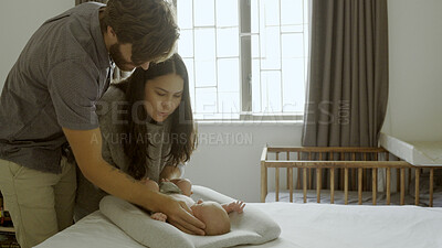 Buy stock photo Bed, newborn and parents with sleeping baby and playing as love, care or bonding in a home as affection together. Happiness, dad and mother or couple relax in bedroom with kid as family in house