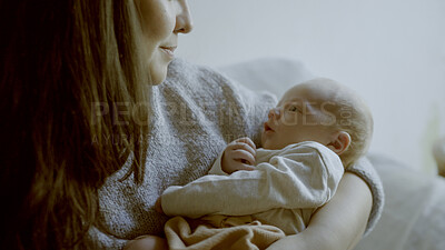Buy stock photo Love, hug or mother with baby in home for care or bonding together to nurture child development. Safe, newborn or single parent mom with infant for support, trust or comfort in family house to relax