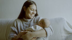 Support, hug or mother with newborn or baby for care or bonding together to nurture child development. Home, smile or happy single parent mom with infant for trust or love in family house to relax 