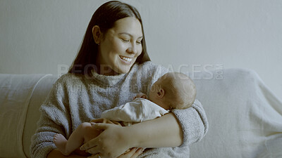 Buy stock photo Support, hug or mother with newborn or baby for care or bonding together to nurture child development. Home, smile or happy single parent mom with infant for trust or love in family house to relax 