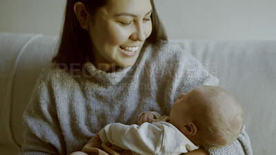 Buy stock photo Love, mother and newborn bonding in arms for care and relax on sofa in lounge of family home with smile. Happiness, woman and baby sleeping for development and growth on couch in living room of house