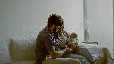 Buy stock photo Love, bonding and parents with baby on sofa for nap time together at modern family home. Happy, smile and young mother and father holding newborn, infant or child to sleep in living room of house.