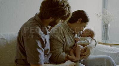 Buy stock photo Family, newborn and parents with baby as love, care or bonding in a home playing for fun or affection together. Happiness, dad and mother or couple relax in living room with infant kid in house