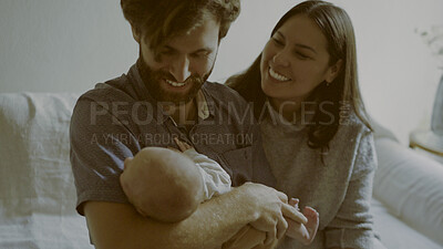 Buy stock photo Sofa, mom or dad with a newborn in a happy family to bond together for child development in home. Living room, smile or proud father with an excited mother or baby infant for love, safety or trust