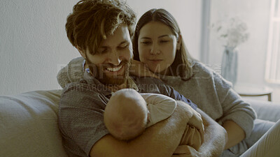 Buy stock photo House, mom or dad with baby in a happy family to relax or bond together for child development. Smile, hug or excited father with a proud mother or newborn infant for love, safety or trust on sofa