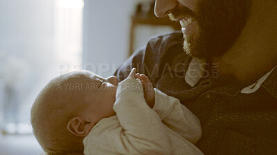 Buy stock photo Happy, hug or father with baby in home for love, care or bond together to nurture child development. Closeup, newborn or single parent dad with infant for support, trust or comfort in family house