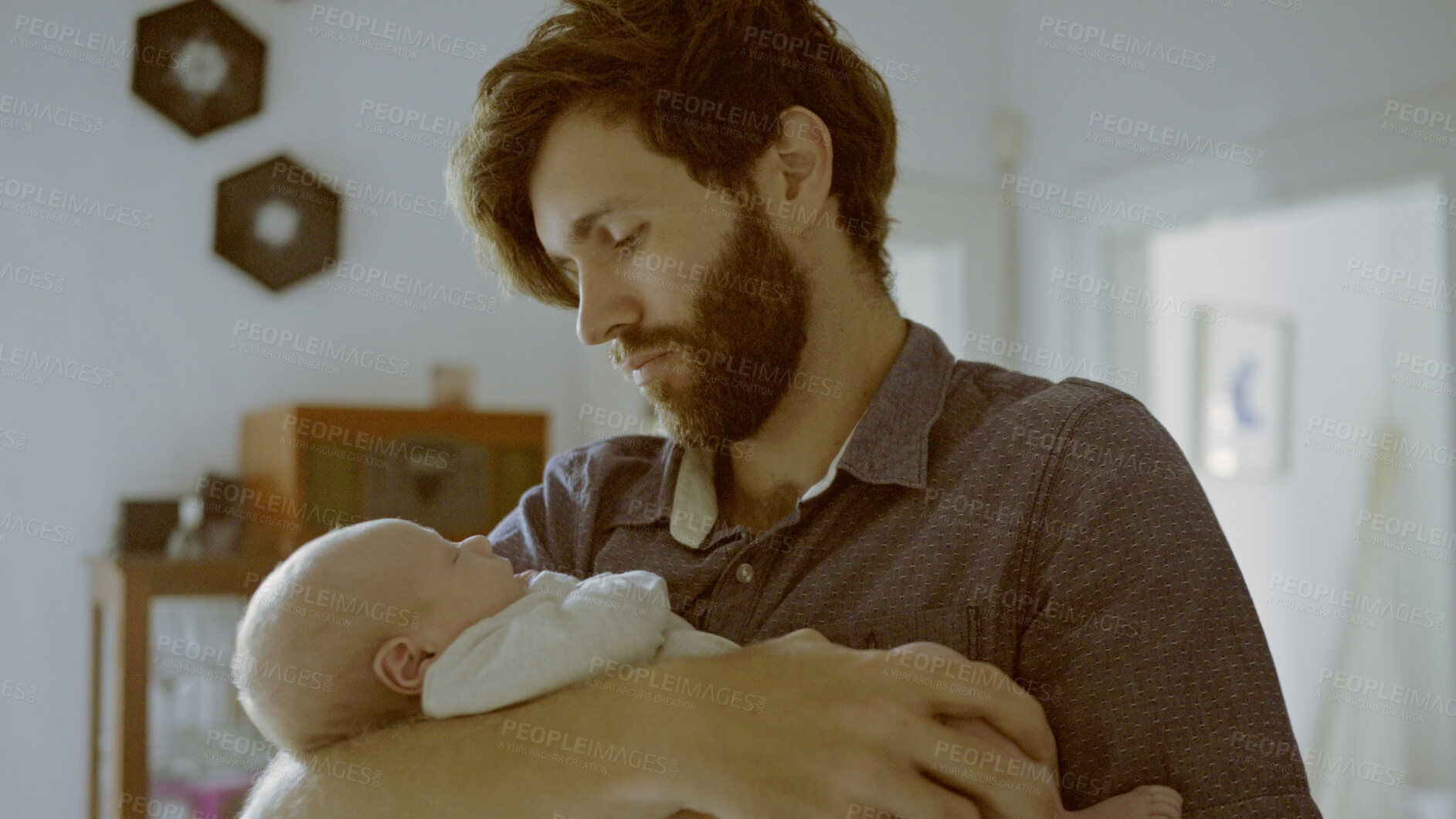 Buy stock photo Love, hug or father with newborn or baby in home for care or bond together to nurture child development. Safety, pride or single parent dad with infant for support, trust or comfort in family house