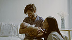 Smile, mom or dad with newborn in a happy family for care or bond together for child development. Love, hug or proud father with an excited mother or infant baby for support, trust or comfort at home