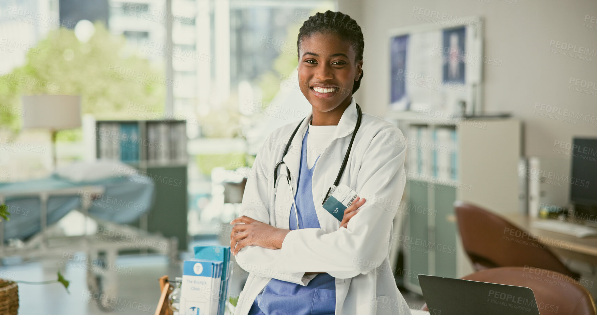 Buy stock photo Doctor arms crossed, portrait and happy black woman, nurse or general practitioner smile for cardiology health career. Hospital services, surgeon and professional healthcare worker for clinic support