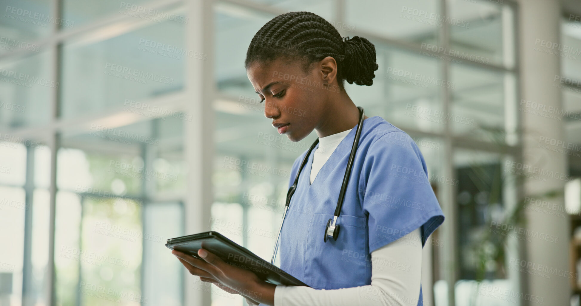 Buy stock photo Tablet, nurse and black woman reading, analysis or check online healthcare, medical research or cardiology report. Professional doctor, digital or review hospital results, medicine data or clinic app