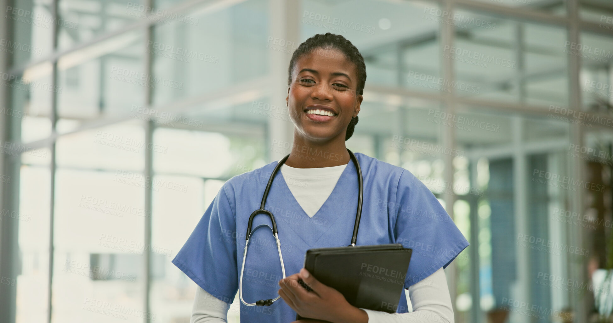 Buy stock photo Portrait doctor, happy black woman and tablet for healthcare, medical research or clinic report. Job experience, cardiology career and African nurse, surgeon or medicine expert smile in hospital