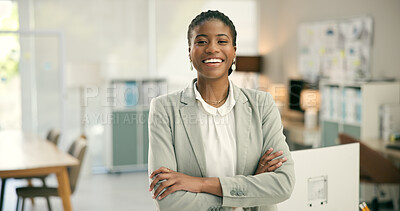 Buy stock photo Portrait, smile and a business black woman arms crossed in her office as a corporate professional. Management, suit and confident employee happy in her workplace with a mindset on company growth