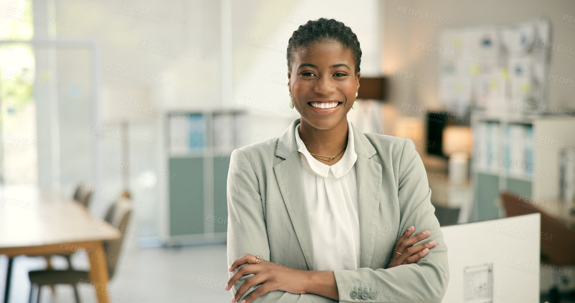 Buy stock photo Portrait, smile and a black woman employee arms crossed in her office as a corporate professional. Management, suit and a confident business person in her workplace with a mindset on company growth