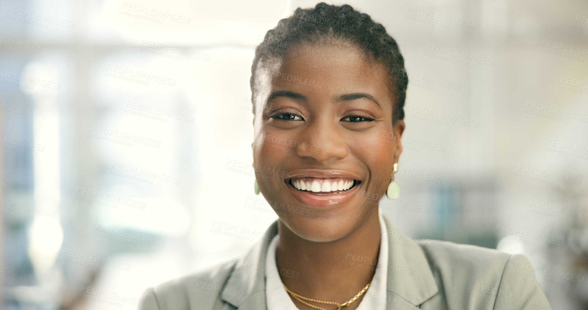 Buy stock photo Portrait, smile and black woman in office, corporate workplace or business in Nigeria. Face of African professional entrepreneur, happy worker or employee, consultant advisor or agent with confidence