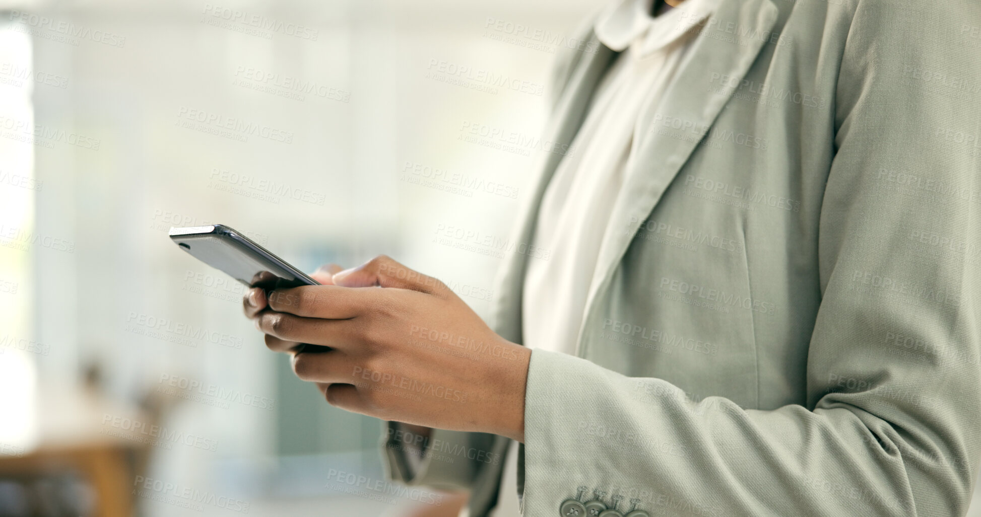 Buy stock photo Hands, post or businesswoman in office with phone online for social media, email or website notification. Closeup, news blog or worker on mobile app texting or networking for communication or chat 