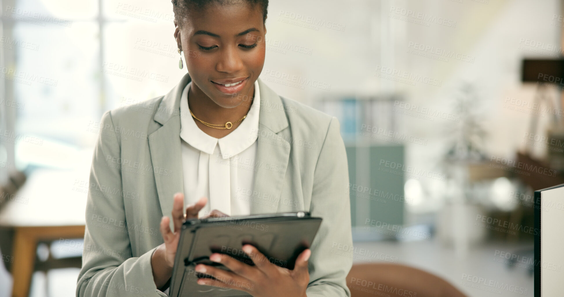 Buy stock photo Reading, business or black woman with tablet networking online for research or report in office. Scroll, tech startup or African social media manager with smile planning schedule  in digital agency