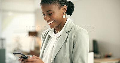 Buy stock photo African, smile or businesswoman in office with phone online for social media, post or website notification. Happy, news blog or worker on mobile app texting or networking for communication or chat 