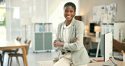 Buy stock photo Portrait, smile and a black woman manager arms crossed in her office as a corporate professional. Business, suit and confident employee happy in her workplace with a mindset on company growth