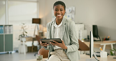 Buy stock photo Portrait, smile and black woman on tablet in business, office or corporate workplace in Nigeria. Face of African professional entrepreneur on tech, happy worker or employee, consultant and advisor