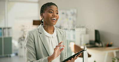 Buy stock photo Business, thinking or happy black woman with tablet, research or smile networking on social media. Digital, ideas or African manager on website online for planning or technology update on internet