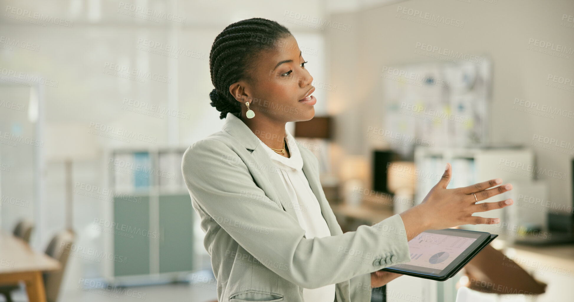 Buy stock photo Business, finance and black woman with tablet, talking or typing with connection, investment or meeting. African person, worker or agent with tech, budget or problem solving with presentation or app