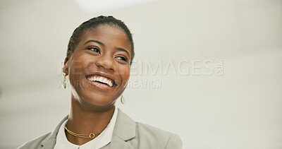 Buy stock photo Face, vision and smile with a business black woman on space in an office for work as a professional. Future, thinking and a happy corporate employee in the workplace for company growth or development