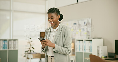 Buy stock photo Businesswoman, smile and typing on phone, communication and networking in office on technology. Happy black person, smartphone and connection or online research or email, mobile app and website