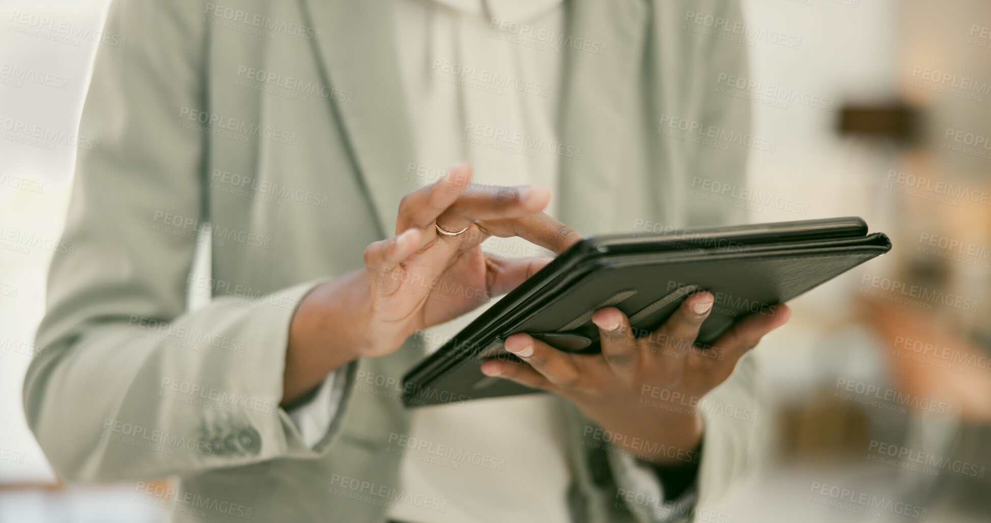 Buy stock photo Research, business or hands of woman with tablet networking online for post on blog in office. Digital agency closeup, tech startup or social media manager typing or planning schedule in workplace