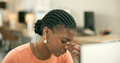 Buy stock photo Business, computer or black woman with headache, stress or exhausted with fatigue, anxiety or depression. Tired employee, online or frustrated African consultant with migraine, glitch or head pain