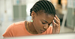 Office, computer or black woman with headache, stress or exhausted with fatigue, anxiety or depression. Tired employee, business or frustrated African consultant with migraine, glitch or head pain