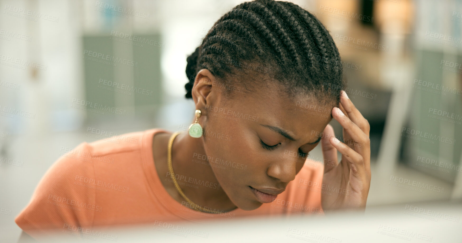 Buy stock photo Office, computer or black woman with headache, stress or exhausted with fatigue, anxiety or depression. Tired employee, business or frustrated African consultant with migraine, glitch or head pain