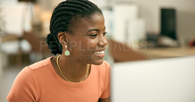 Buy stock photo Computer, smile and a business black woman at work in her office for planning or research on a project. Technology, internet and a happy young employee working on a desktop for email communication