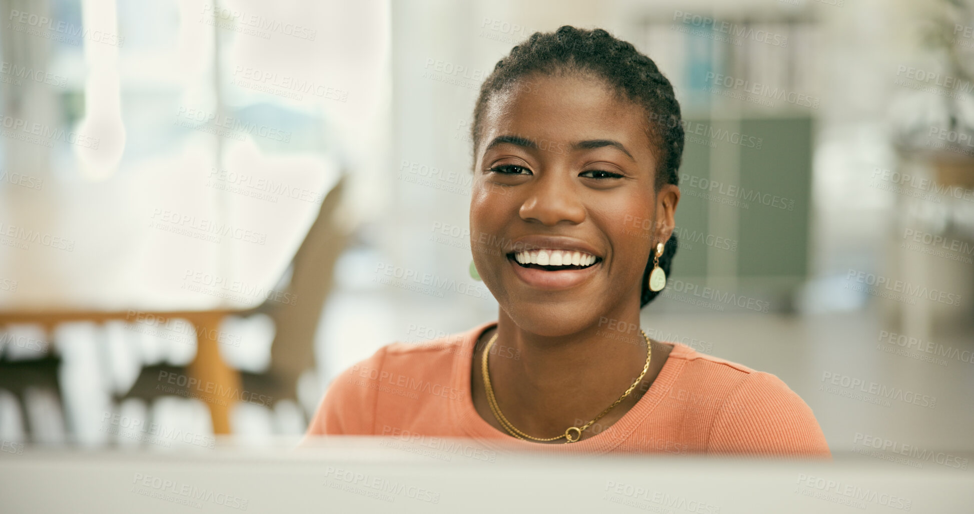 Buy stock photo Portrait, computer and a business black woman at work in her office for planning or research on a project. Technology, smile and a happy young employee working on a desktop for email communication