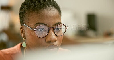 Buy stock photo Research, business or face of black woman with computer networking or searching online in office. Digital agency, glasses or African social media manager typing an email or planning in tech startup