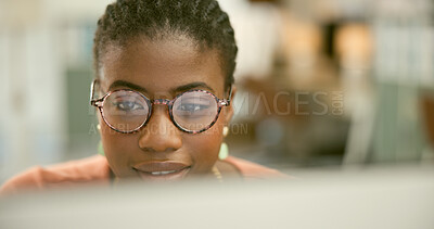 Buy stock photo Research, information technology or face of black woman with computer networking online in office. Digital agency data, glasses or African web designer reading code, email or planning in tech startup