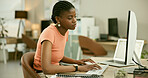 Black woman, typing and laptop for office job, employee and serious for copywriter career. Businesswoman, positive and person for occupation, workplace and corporate for company market research
