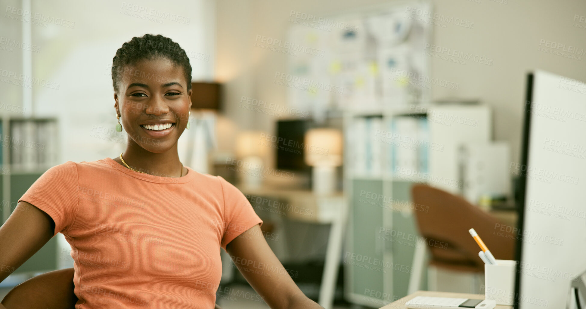 Buy stock photo Portrait, computer and happy for new job, employee and confident for copywriter career. Businesswoman, positive and young for occupation, workplace and black person for company, face and smile