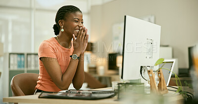 Buy stock photo Computer, office and black woman excited, happy and web designer smile for online feedback, success news or UX development. Project, winner and African agent happiness for website design achievement