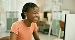 Black woman, computer and happy for office job, employee and working for copywriter career. Businesswoman, positive and person for occupation, workplace and corporate for company, face and smile
