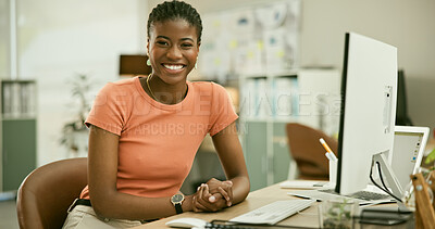 Buy stock photo Happy black woman, portrait and creative with computer in career ambition, website or small business at office. Face of African female person smile in confidence for job startup at workplace