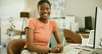 Buy stock photo Black woman, computer and smile for office job, confident employee and portrait of copywriter. Businesswoman, positive and person for occupation, workplace and corporate for company, face or happy
